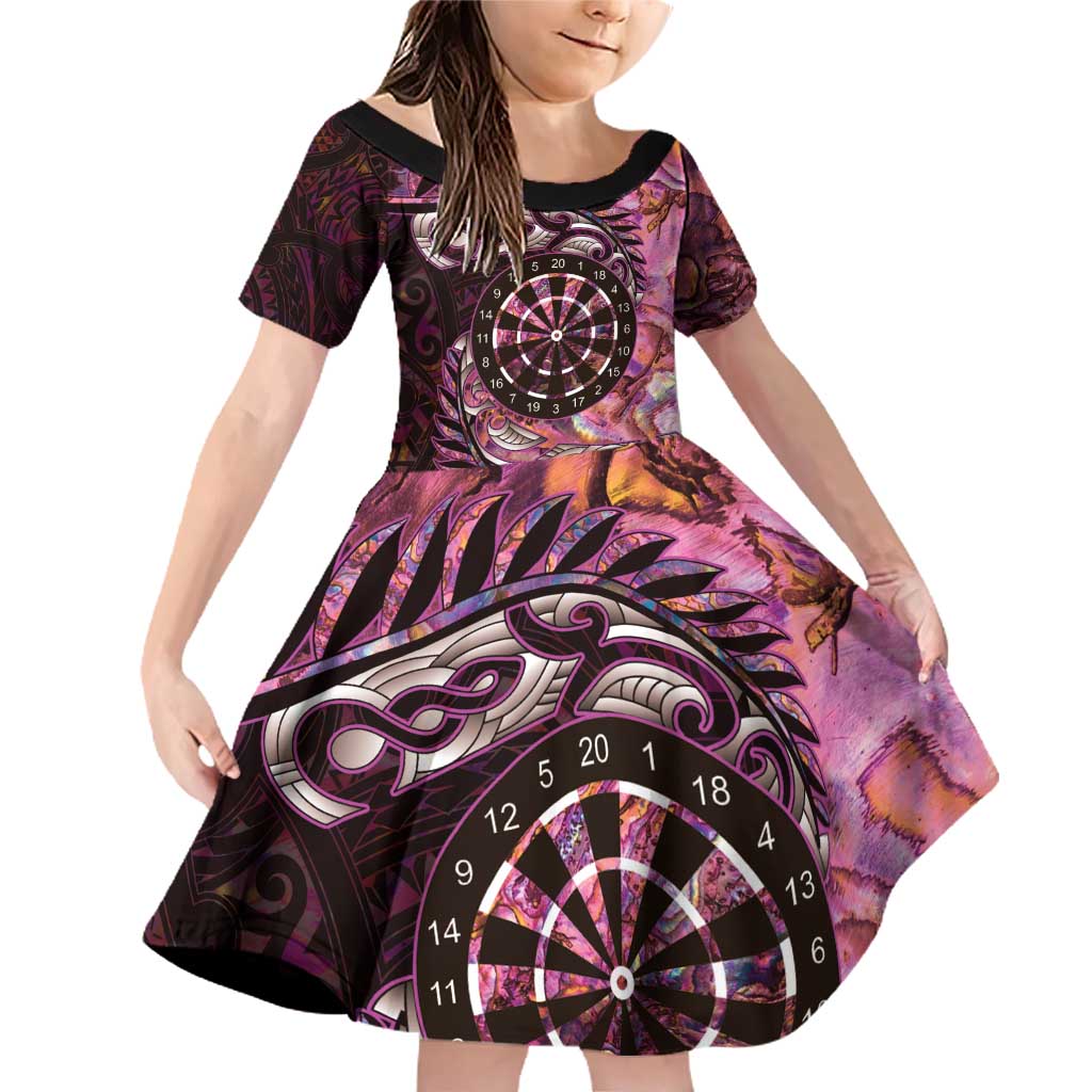 New Zealand Darts Personalised Family Matching Off Shoulder Short Dress and Hawaiian Shirt Aotearoa Silver Fern Pink Papua Shell Spirit