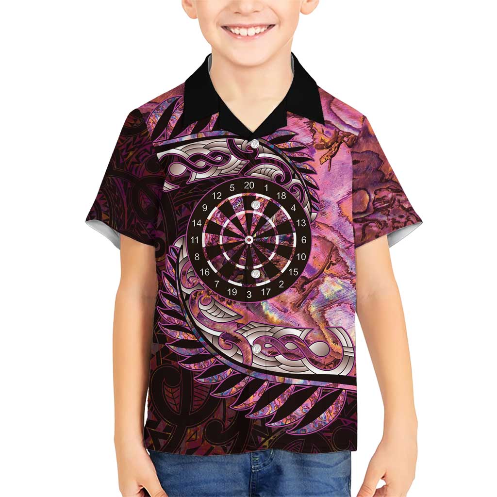 New Zealand Darts Personalised Family Matching Short Sleeve Bodycon Dress and Hawaiian Shirt Aotearoa Silver Fern Pink Papua Shell Spirit