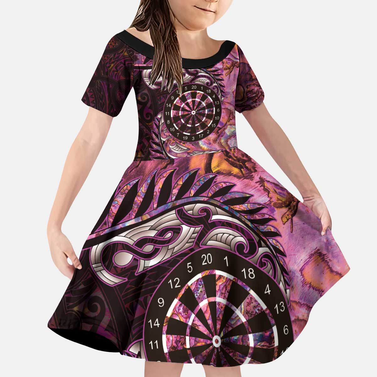 New Zealand Darts Personalised Kid Short Sleeve Dress Aotearoa Silver Fern Pink Papua Shell Spirit