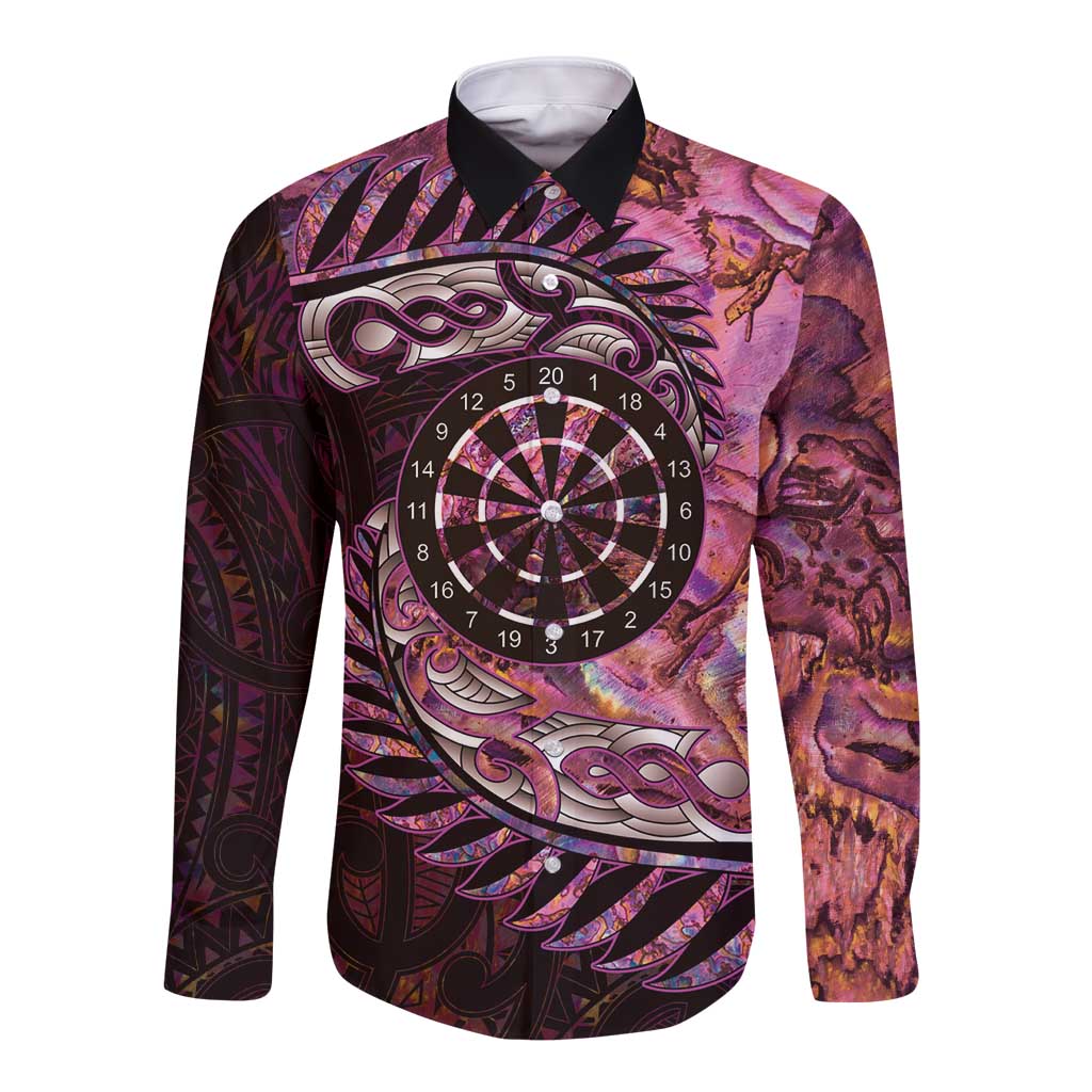 New Zealand Darts Personalised Long Sleeve Button Shirt Aotearoa Silver Fern Pink Papua Shell Spirit