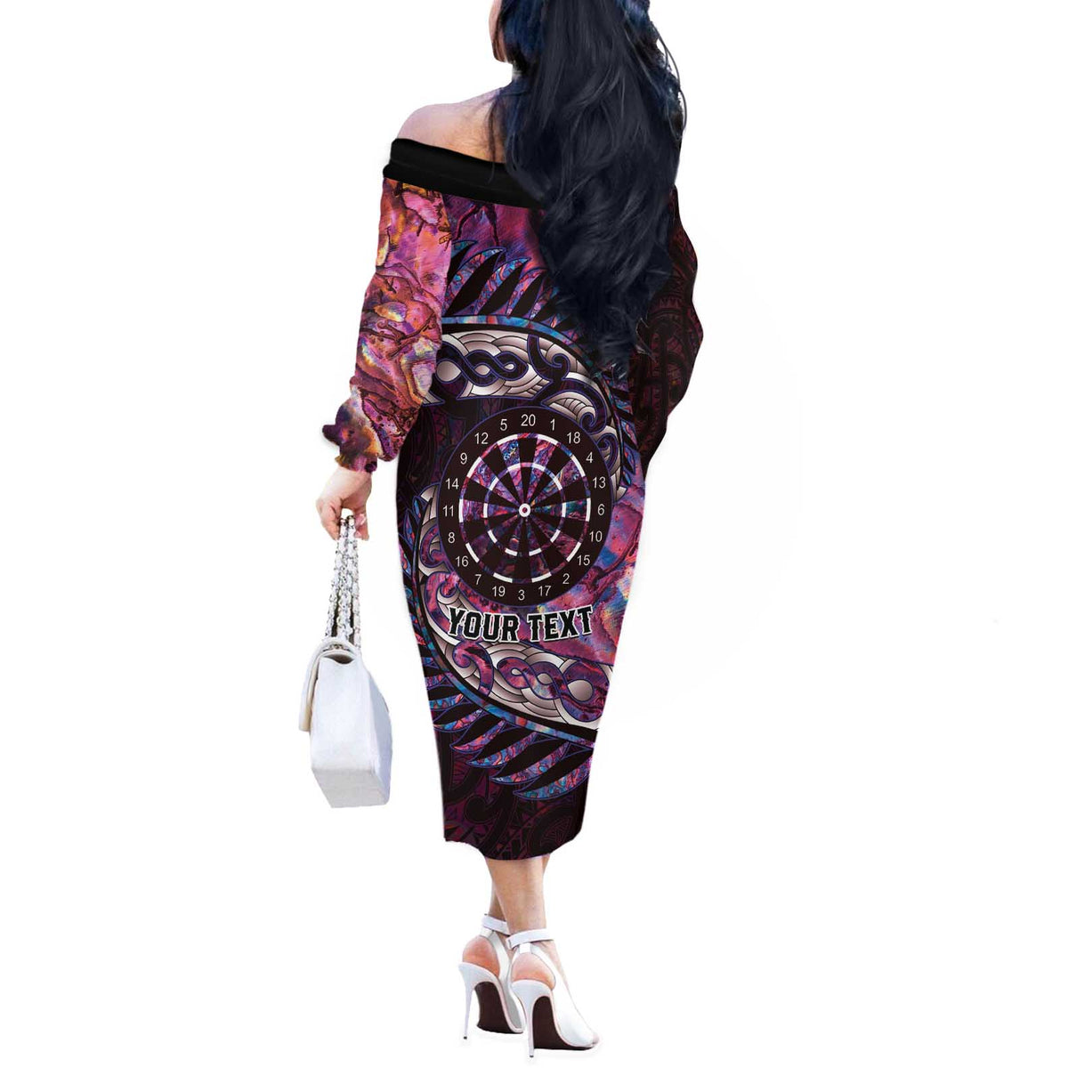 New Zealand Darts Personalised Off The Shoulder Long Sleeve Dress Aotearoa Silver Fern Pink Papua Shell Spirit