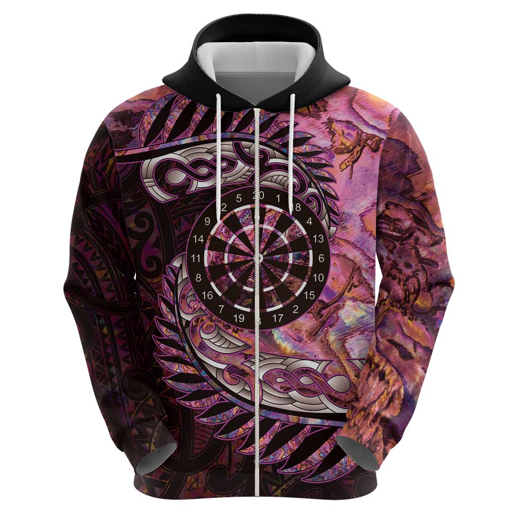 New Zealand Darts Personalised Zip Hoodie Aotearoa Silver Fern Pink Papua Shell Spirit