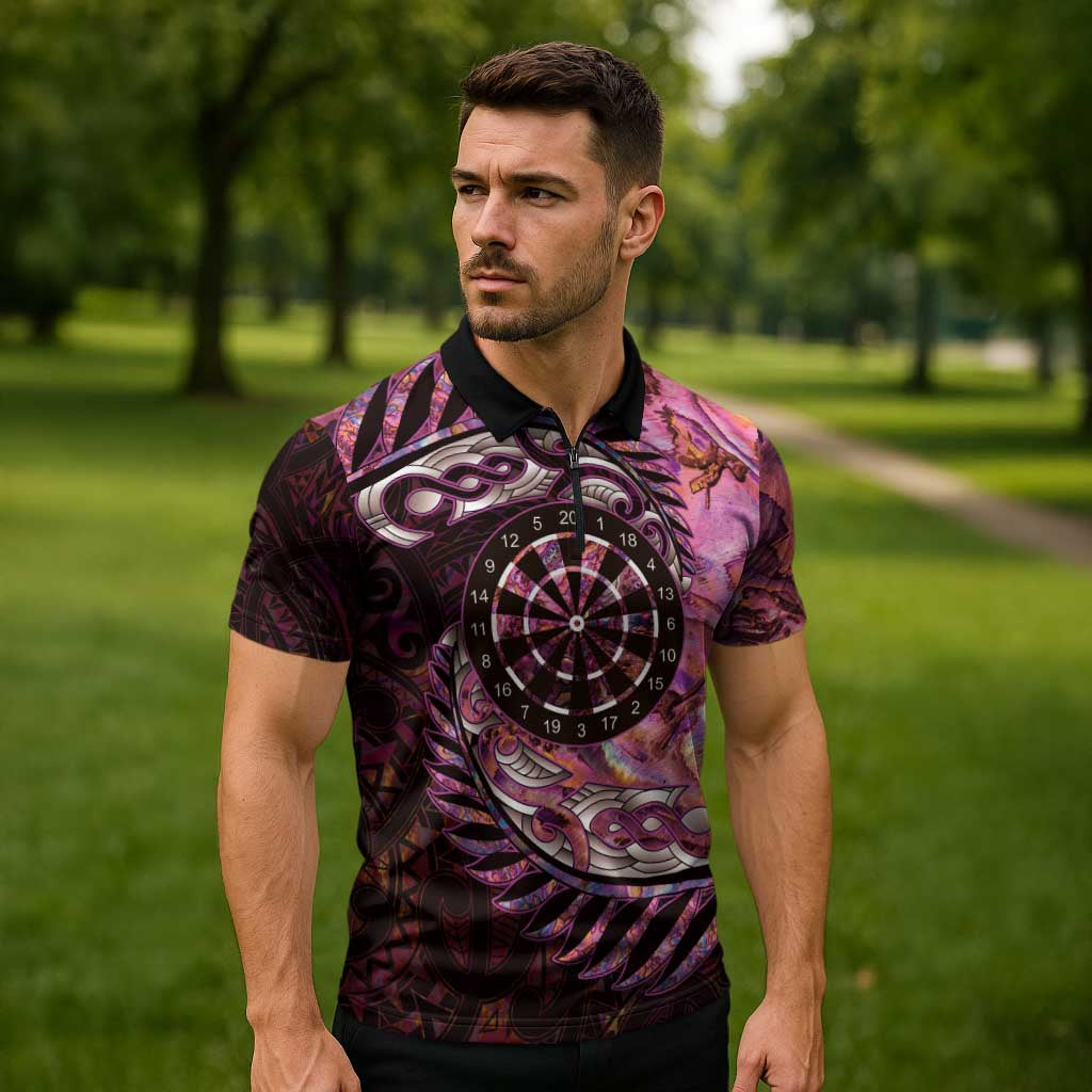 New Zealand Darts Personalised Zipper Polo Shirt Aotearoa Silver Fern Pink Papua Shell Spirit - Polynesian Pride