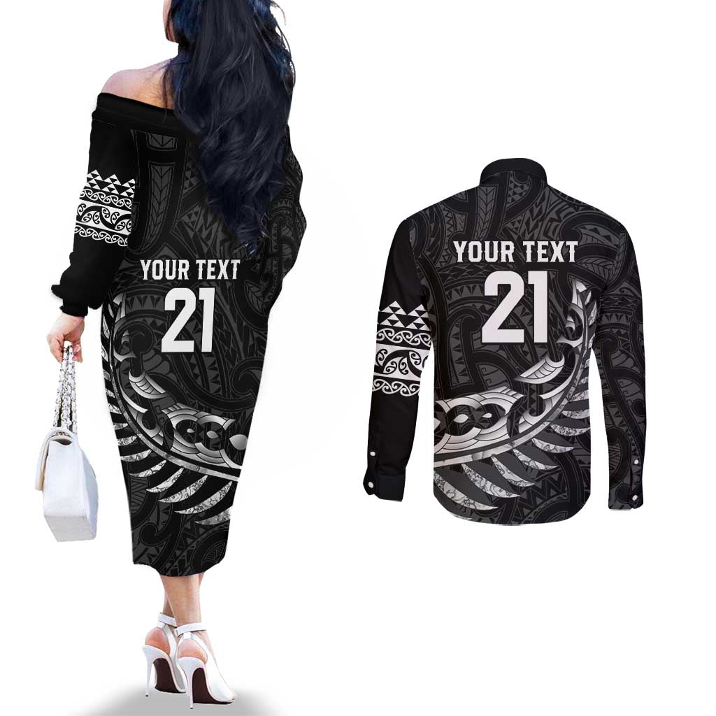 New Zealand Indigenous-Maori Rugby Custom Couples Matching Off The Shoulder Long Sleeve Dress and Long Sleeve Button Shirt