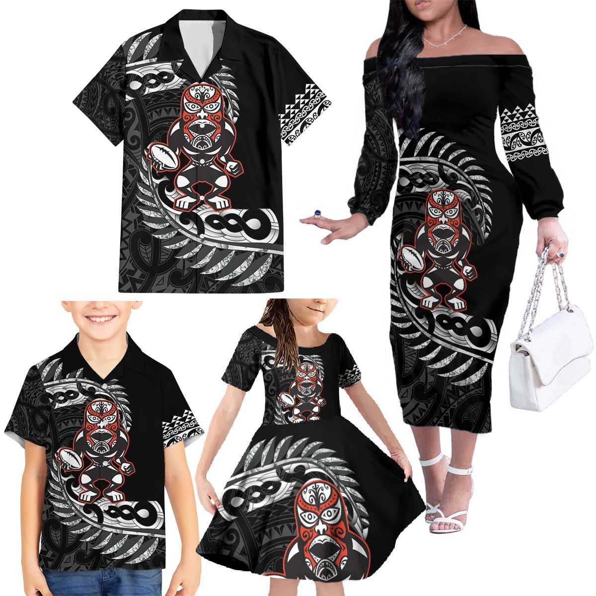 New Zealand Indigenous-Maori Rugby Custom Family Matching Off The Shoulder Long Sleeve Dress and Hawaiian Shirt