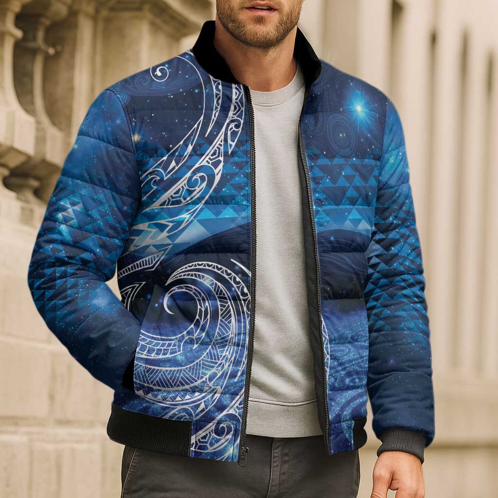 New Zealand Matariki Bomber Puffer Jacket Taniko Aramoana With Koru Galaxy Sky Night - Polynesian Pride