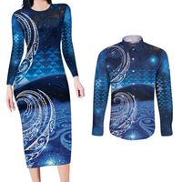 New Zealand Matariki Couples Matching Long Sleeve Bodycon Dress and Long Sleeve Button Shirt Taniko Aramoana With Koru Galaxy Sky Night
