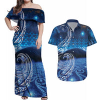 New Zealand Matariki Couples Matching Off Shoulder Maxi Dress and Hawaiian Shirt Taniko Aramoana With Koru Galaxy Sky Night