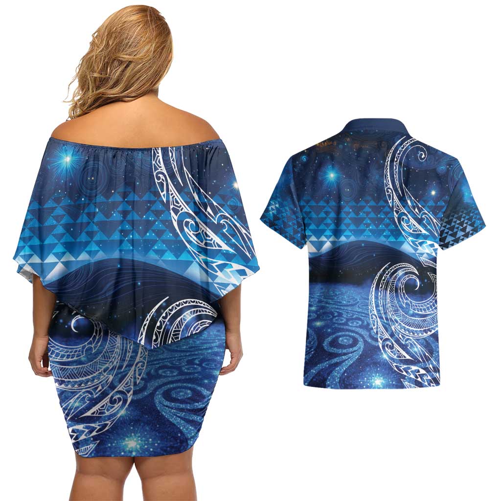 New Zealand Matariki Couples Matching Off Shoulder Short Dress and Hawaiian Shirt Taniko Aramoana With Koru Galaxy Sky Night