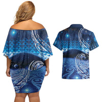 New Zealand Matariki Couples Matching Off Shoulder Short Dress and Hawaiian Shirt Taniko Aramoana With Koru Galaxy Sky Night
