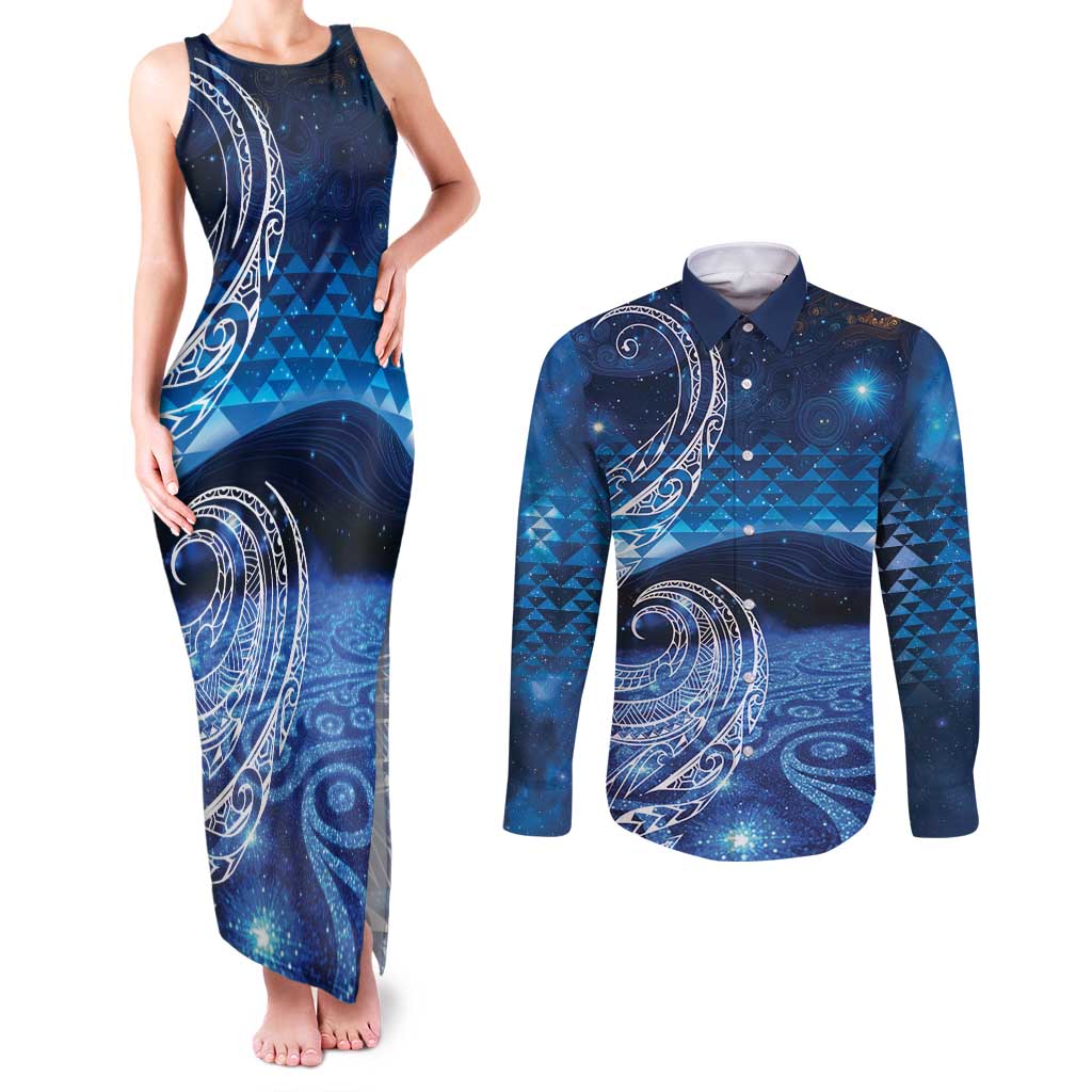New Zealand Matariki Couples Matching Tank Maxi Dress and Long Sleeve Button Shirt Taniko Aramoana With Koru Galaxy Sky Night