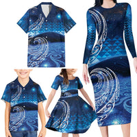 New Zealand Matariki Family Matching Long Sleeve Bodycon Dress and Hawaiian Shirt Taniko Aramoana With Koru Galaxy Sky Night