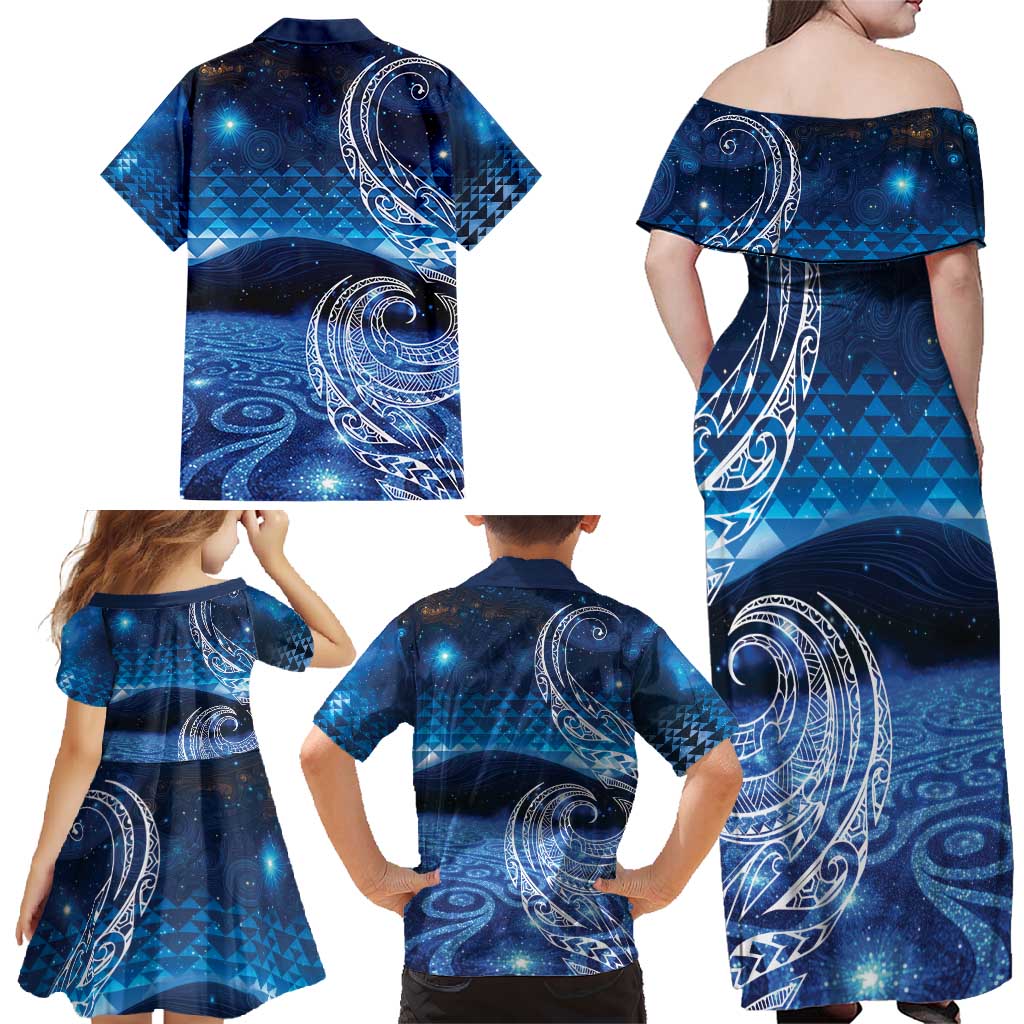 New Zealand Matariki Family Matching Off Shoulder Maxi Dress and Hawaiian Shirt Taniko Aramoana With Koru Galaxy Sky Night