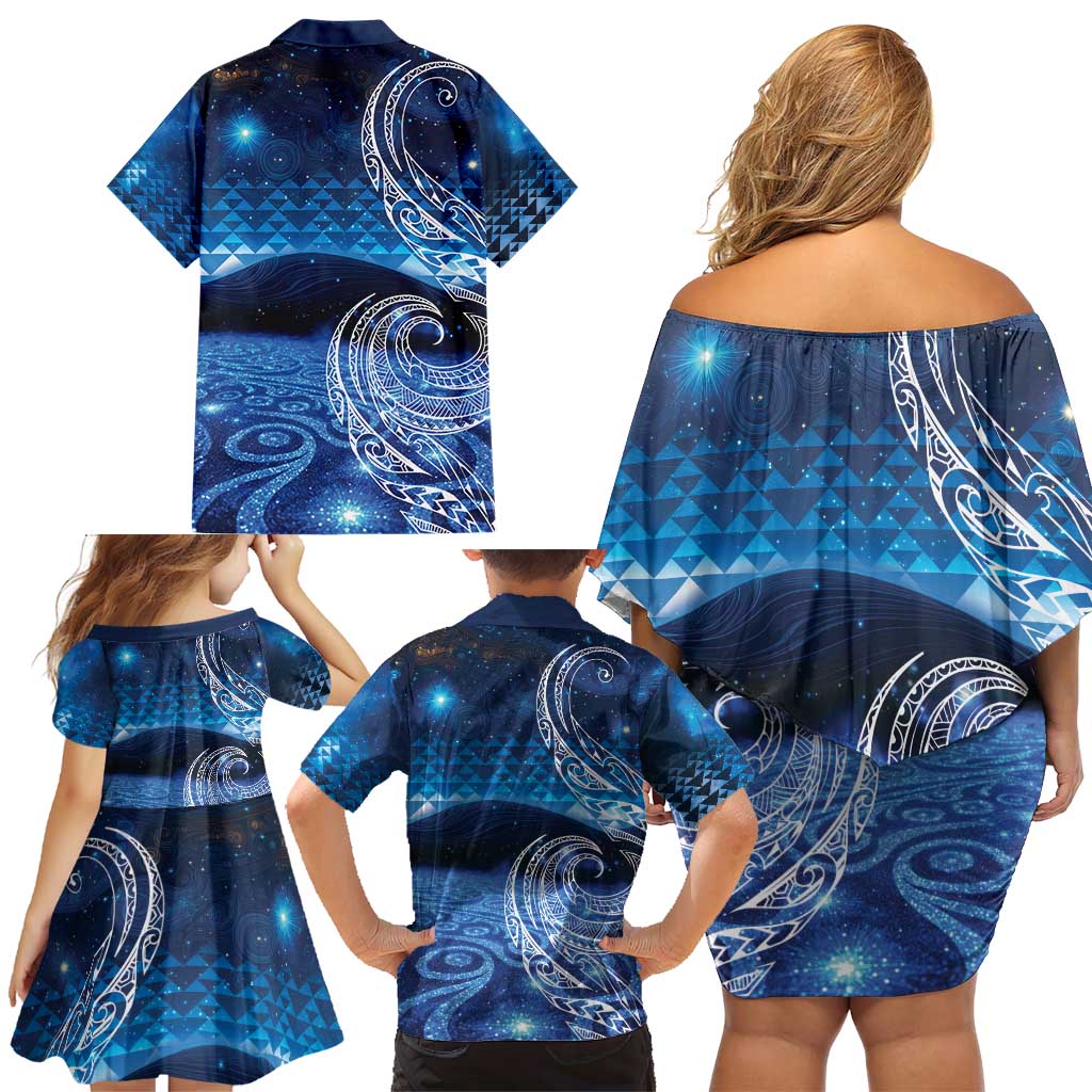 New Zealand Matariki Family Matching Off Shoulder Short Dress and Hawaiian Shirt Taniko Aramoana With Koru Galaxy Sky Night