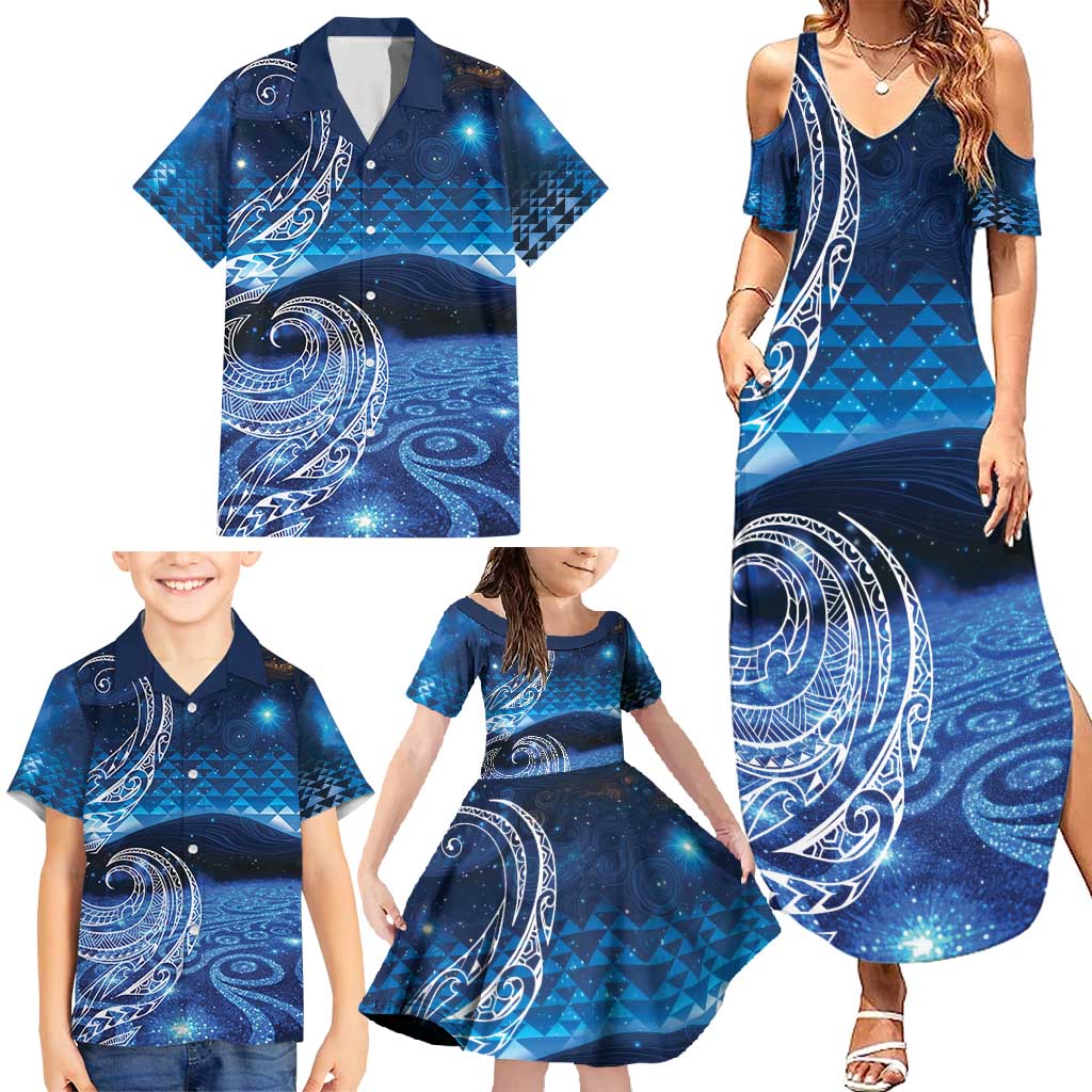 New Zealand Matariki Family Matching Summer Maxi Dress and Hawaiian Shirt Taniko Aramoana With Koru Galaxy Sky Night