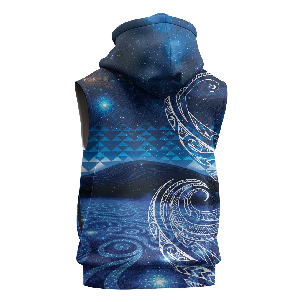 New Zealand Matariki Sleeveless Zip Hoodie Taniko Aramoana With Koru Galaxy Sky Night - Polynesian Pride