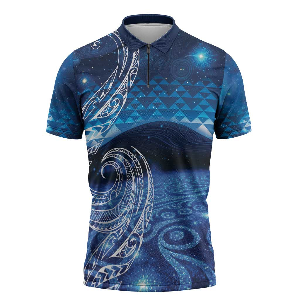 New Zealand Matariki Zipper Polo Shirt Taniko Aramoana With Koru Galaxy Sky Night - Polynesian Pride
