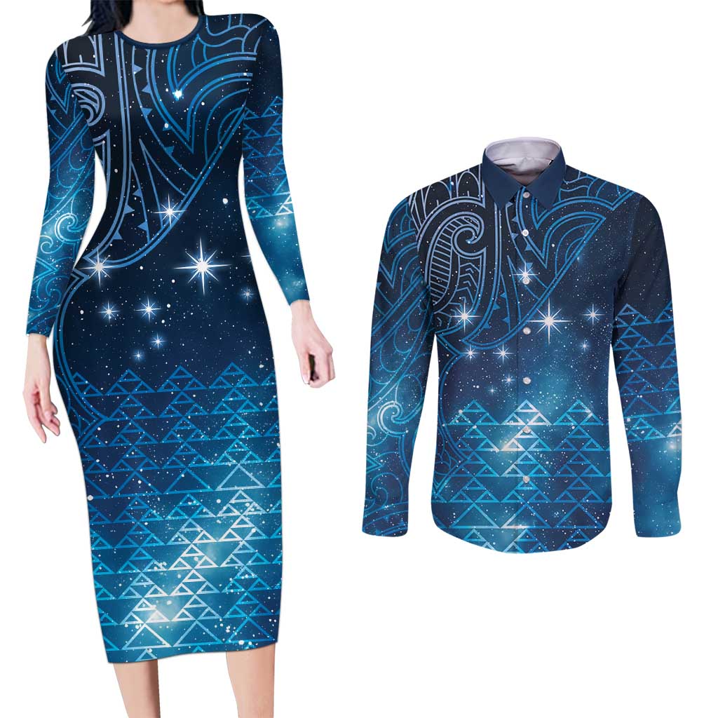 New Zealand Matariki Couples Matching Long Sleeve Bodycon Dress and Long Sleeve Button Shirt Taniko Aramoana With Maori Galaxy Sky Night