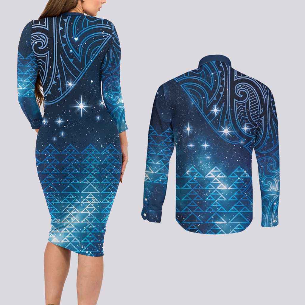 New Zealand Matariki Couples Matching Long Sleeve Bodycon Dress and Long Sleeve Button Shirt Taniko Aramoana With Maori Galaxy Sky Night