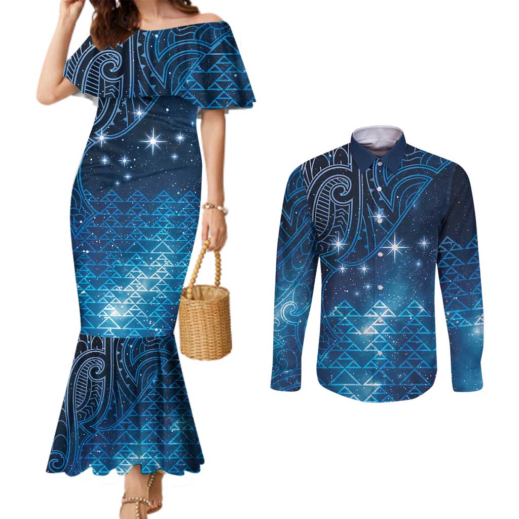 New Zealand Matariki Couples Matching Mermaid Dress and Long Sleeve Button Shirt Taniko Aramoana With Maori Galaxy Sky Night
