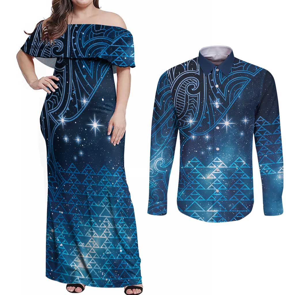 New Zealand Matariki Couples Matching Off Shoulder Maxi Dress and Long Sleeve Button Shirt Taniko Aramoana With Maori Galaxy Sky Night