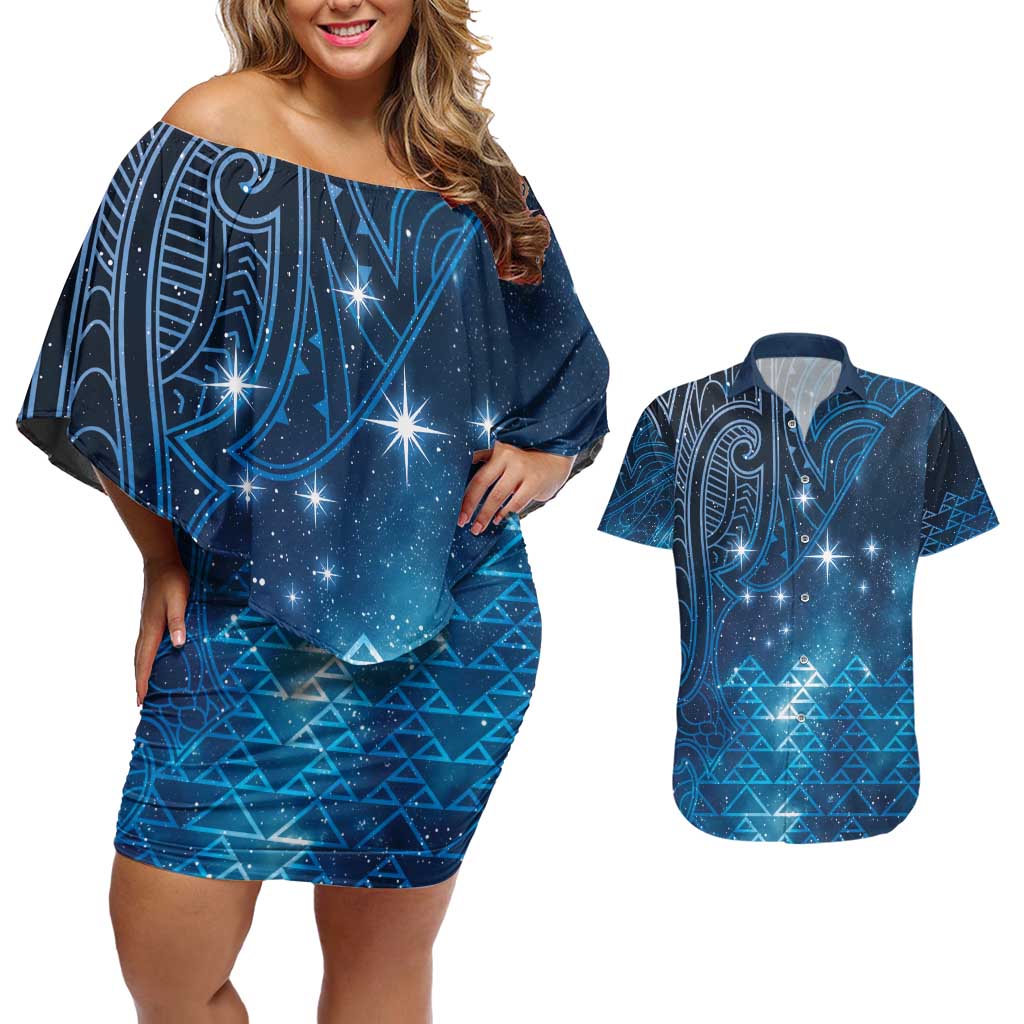 New Zealand Matariki Couples Matching Off Shoulder Short Dress and Hawaiian Shirt Taniko Aramoana With Maori Galaxy Sky Night