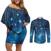 New Zealand Matariki Couples Matching Off Shoulder Short Dress and Long Sleeve Button Shirt Taniko Aramoana With Maori Galaxy Sky Night