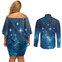 New Zealand Matariki Couples Matching Off Shoulder Short Dress and Long Sleeve Button Shirt Taniko Aramoana With Maori Galaxy Sky Night