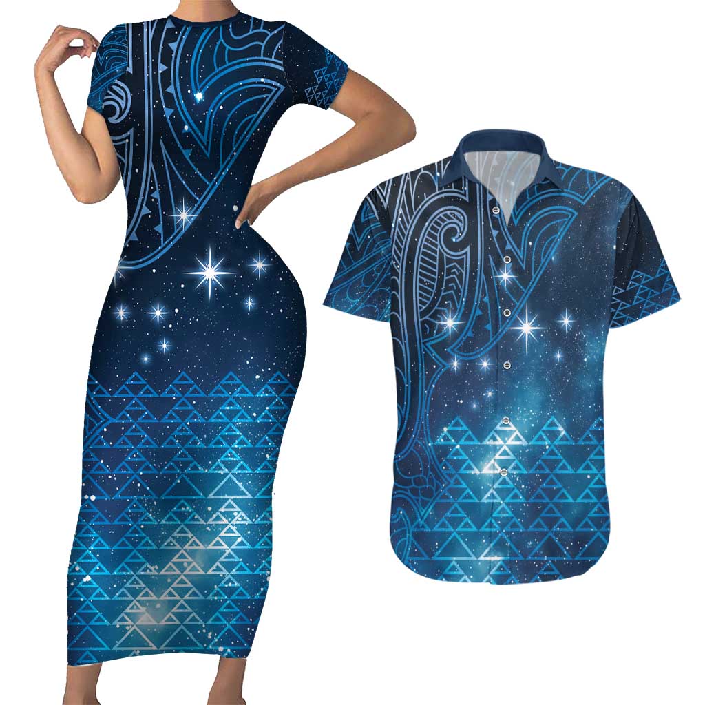 New Zealand Matariki Couples Matching Short Sleeve Bodycon Dress and Hawaiian Shirt Taniko Aramoana With Maori Galaxy Sky Night