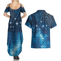 New Zealand Matariki Couples Matching Summer Maxi Dress and Hawaiian Shirt Taniko Aramoana With Maori Galaxy Sky Night