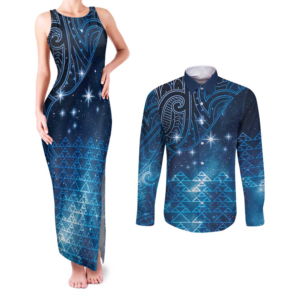 New Zealand Matariki Couples Matching Tank Maxi Dress and Long Sleeve Button Shirt Taniko Aramoana With Maori Galaxy Sky Night