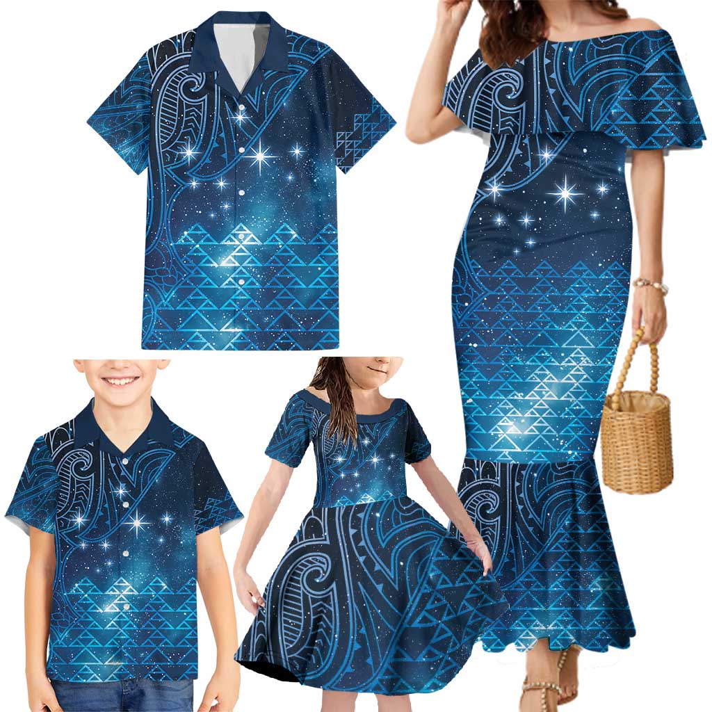 New Zealand Matariki Family Matching Mermaid Dress and Hawaiian Shirt Taniko Aramoana With Maori Galaxy Sky Night