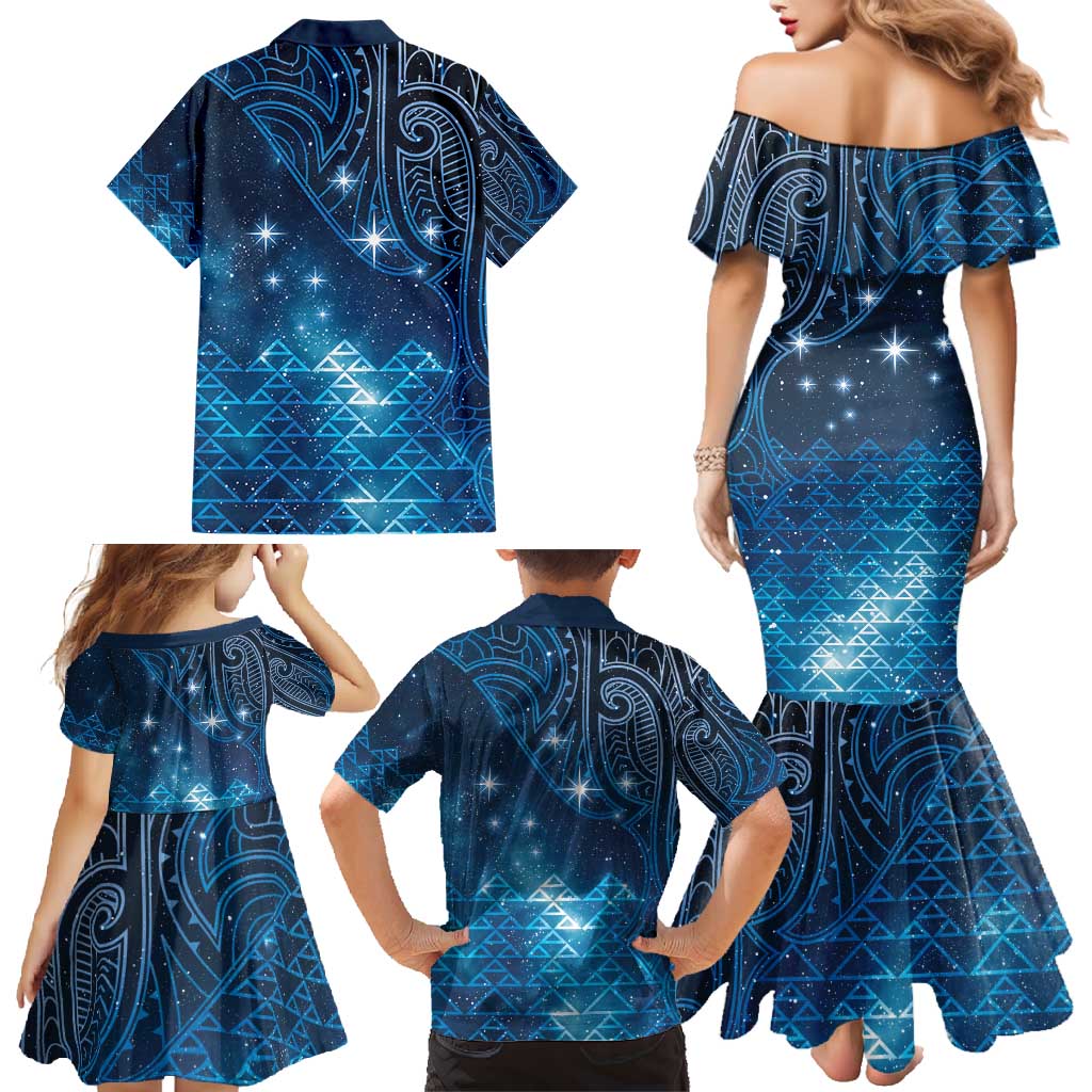 New Zealand Matariki Family Matching Mermaid Dress and Hawaiian Shirt Taniko Aramoana With Maori Galaxy Sky Night