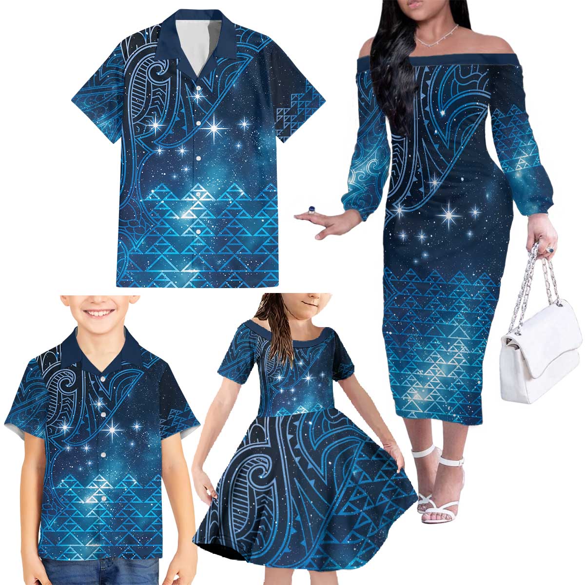 New Zealand Matariki Family Matching Off The Shoulder Long Sleeve Dress and Hawaiian Shirt Taniko Aramoana With Maori Galaxy Sky Night