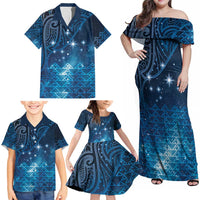 New Zealand Matariki Family Matching Off Shoulder Maxi Dress and Hawaiian Shirt Taniko Aramoana With Maori Galaxy Sky Night