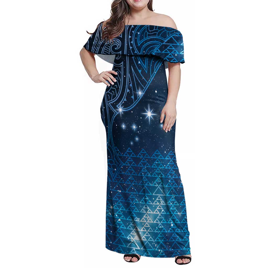 New Zealand Matariki Family Matching Off Shoulder Maxi Dress and Hawaiian Shirt Taniko Aramoana With Maori Galaxy Sky Night