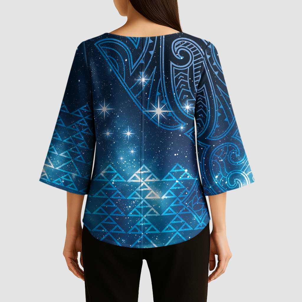 New Zealand Matariki Kimono Sleeve Blouse Taniko Aramoana With Maori Galaxy Sky Night - Polynesian Pride