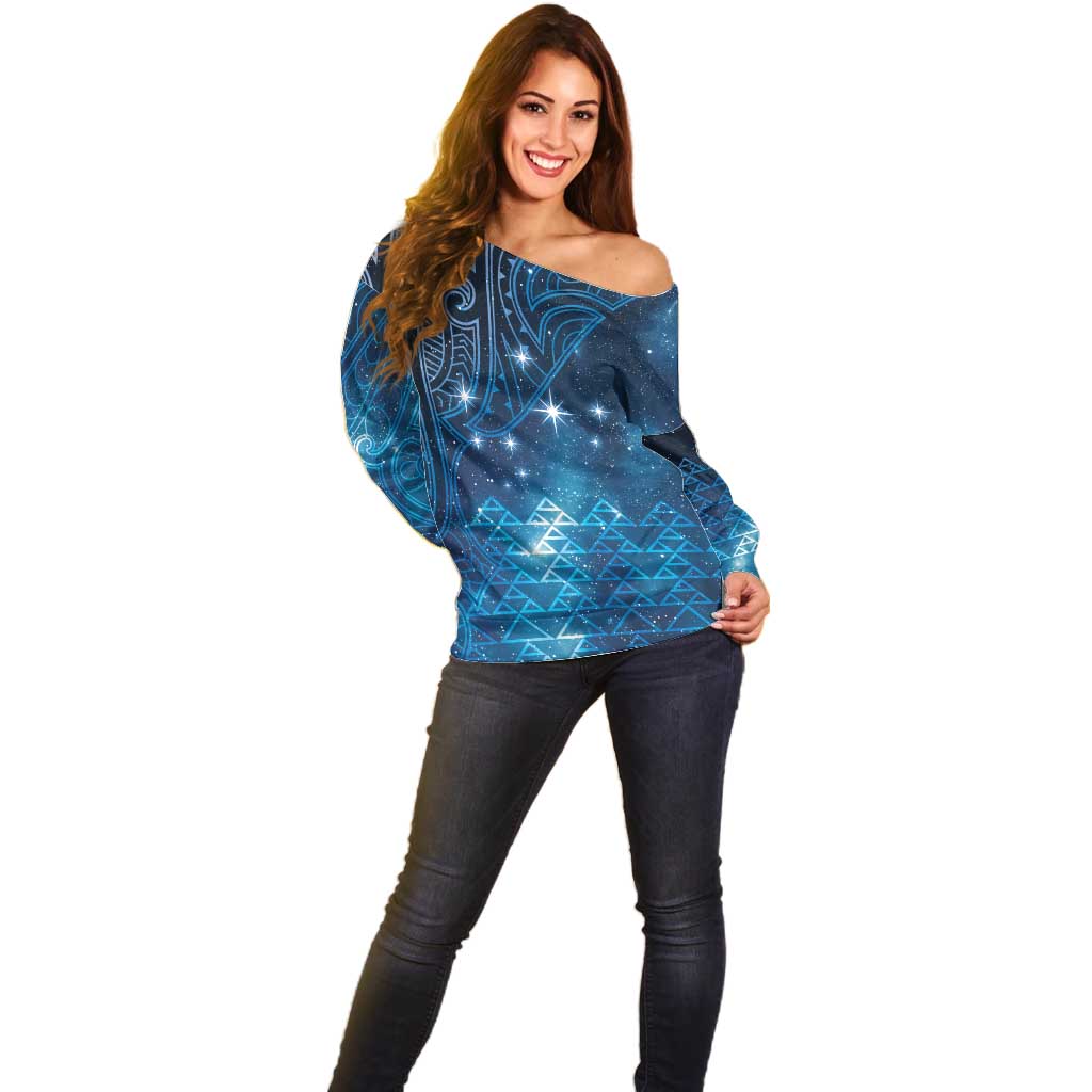 New Zealand Matariki Off Shoulder Sweater Taniko Aramoana With Maori Galaxy Sky Night