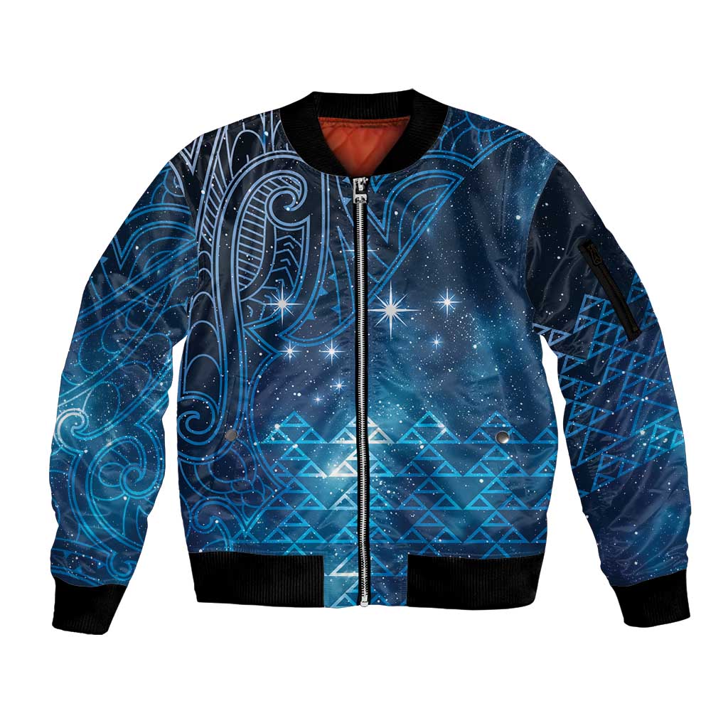New Zealand Matariki Sleeve Zip Bomber Jacket Taniko Aramoana With Maori Galaxy Sky Night