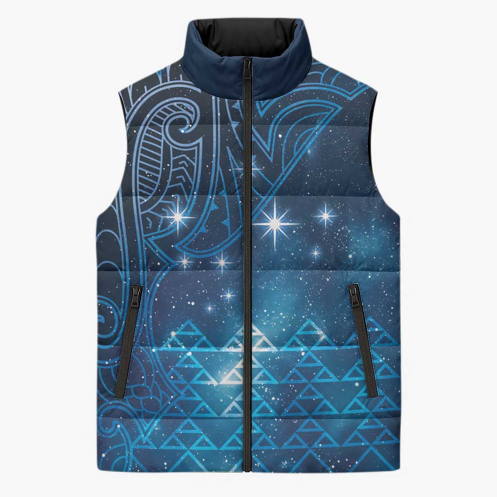 New Zealand Matariki Sleeveless Puffer Jacket Taniko Aramoana With Maori Galaxy Sky Night - Polynesian Pride