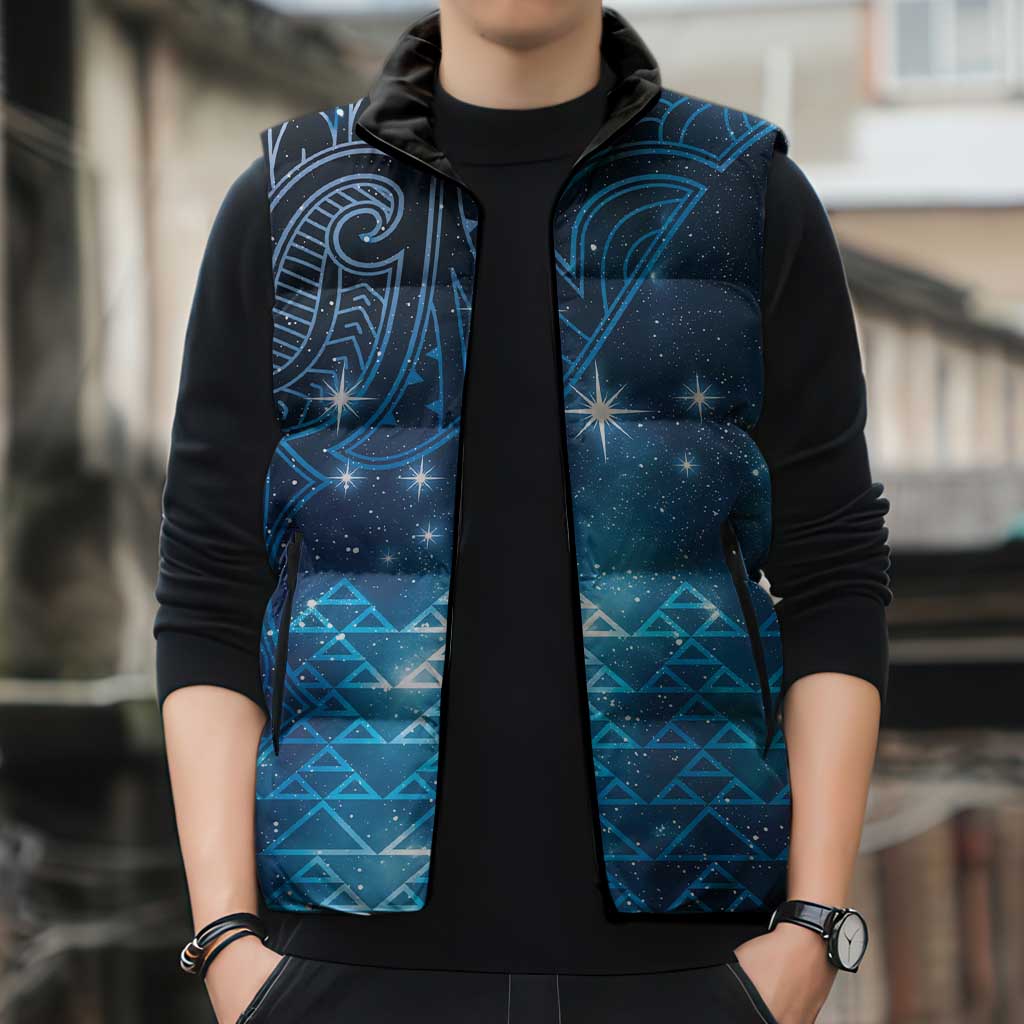 New Zealand Matariki Sleeveless Puffer Jacket Taniko Aramoana With Maori Galaxy Sky Night - Polynesian Pride