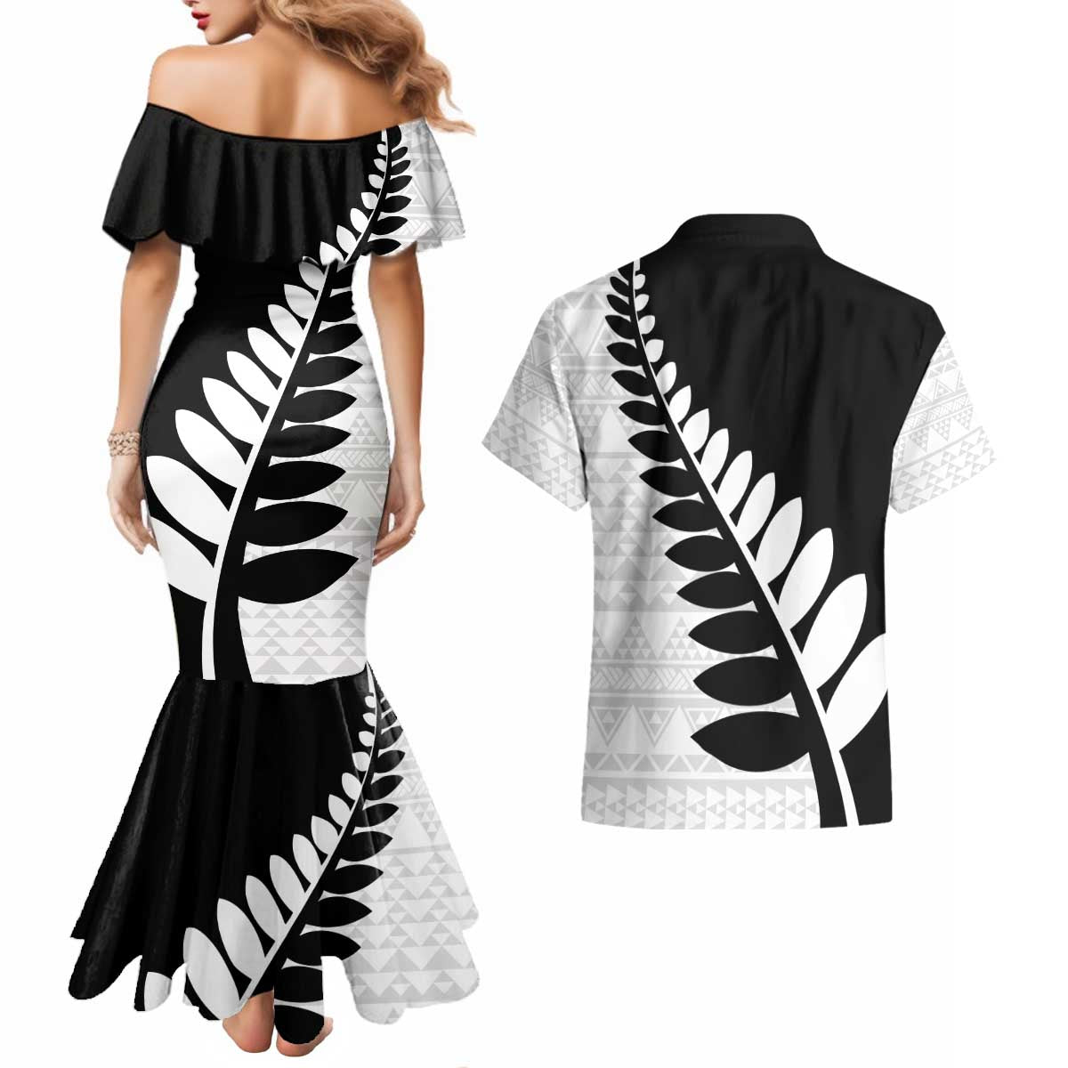 New Zealand Silver Fern Niho Taniwha Couples Matching Mermaid Dress and Hawaiian Shirt