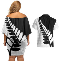 New Zealand Silver Fern Niho Taniwha Couples Matching Off Shoulder Short Dress and Hawaiian Shirt