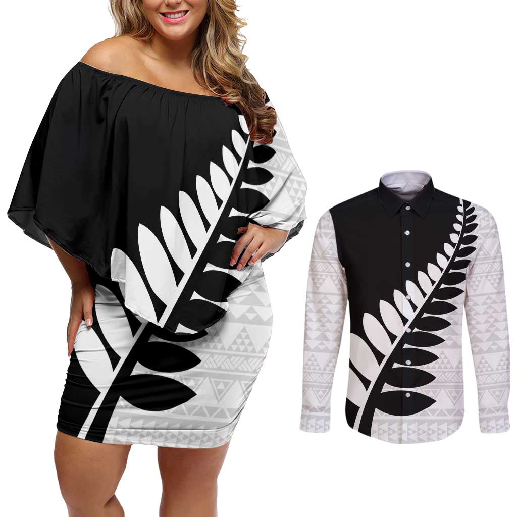 New Zealand Silver Fern Niho Taniwha Couples Matching Off Shoulder Short Dress and Long Sleeve Button Shirt LT9 Black - Polynesian Pride