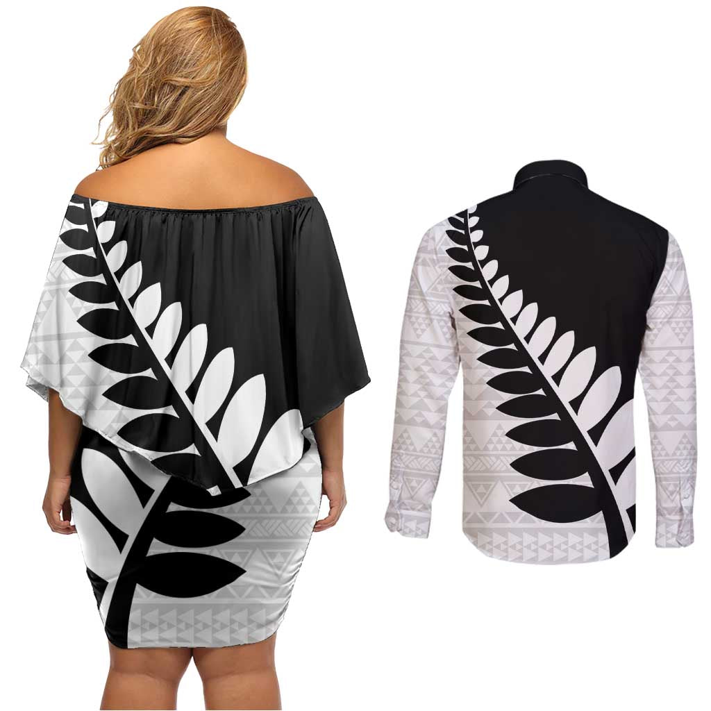 New Zealand Silver Fern Niho Taniwha Couples Matching Off Shoulder Short Dress and Long Sleeve Button Shirt LT9 - Polynesian Pride