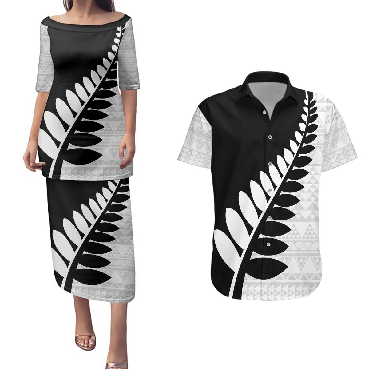New Zealand Silver Fern Niho Taniwha Couples Matching Puletasi and Hawaiian Shirt