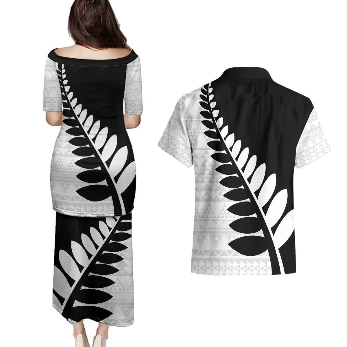 New Zealand Silver Fern Niho Taniwha Couples Matching Puletasi and Hawaiian Shirt