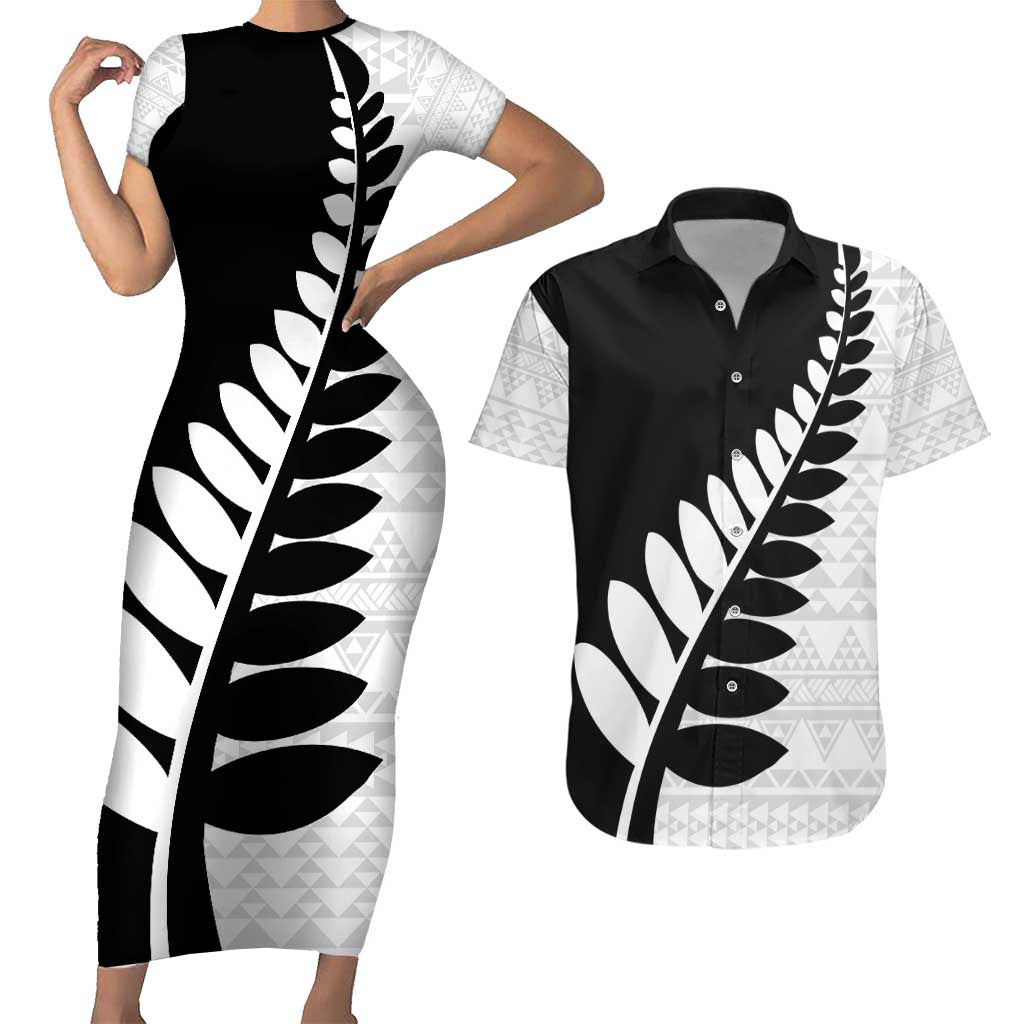 New Zealand Silver Fern Niho Taniwha Couples Matching Short Sleeve Bodycon Dress and Hawaiian Shirt