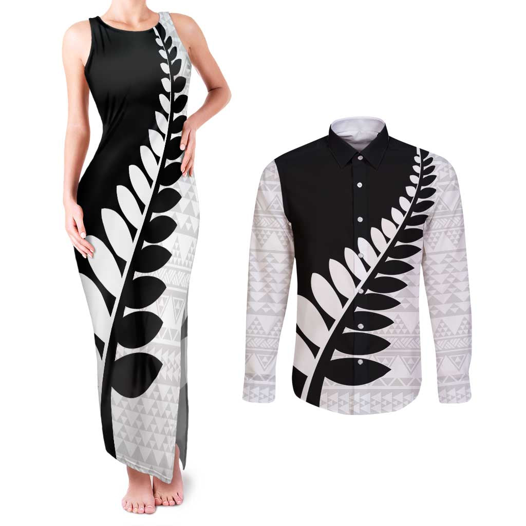 New Zealand Silver Fern Niho Taniwha Couples Matching Tank Maxi Dress and Long Sleeve Button Shirt LT9 Black - Polynesian Pride