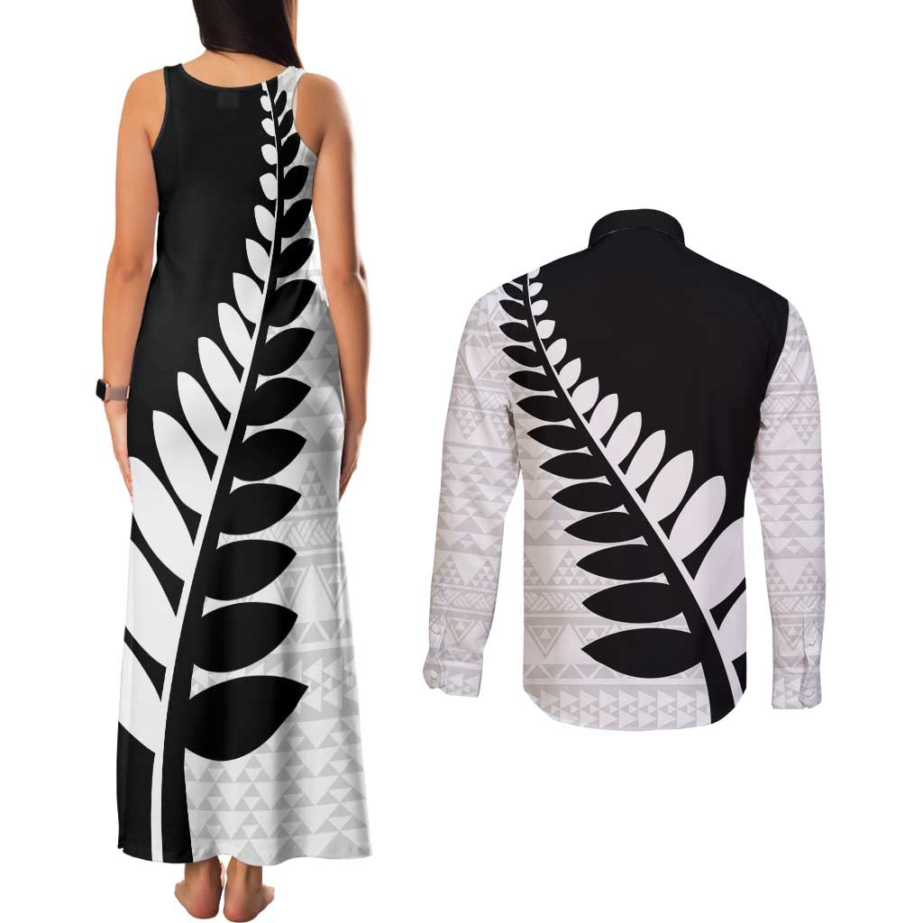 New Zealand Silver Fern Niho Taniwha Couples Matching Tank Maxi Dress and Long Sleeve Button Shirt LT9 - Polynesian Pride